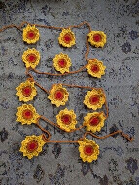 Crocheted Sunflower Garland Yellow‎ Orange Red 11'6" Cottagecore Whimsical